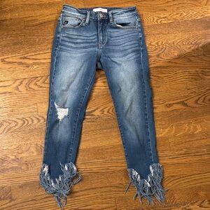 KanCan Ankle Jeans in Distressed Blue with Frayed Hem